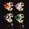 Copper Plated Gold Jewelry Vintage Ring Zircon Crystal Green Zirconia Royal Blue Open Fashion Women's