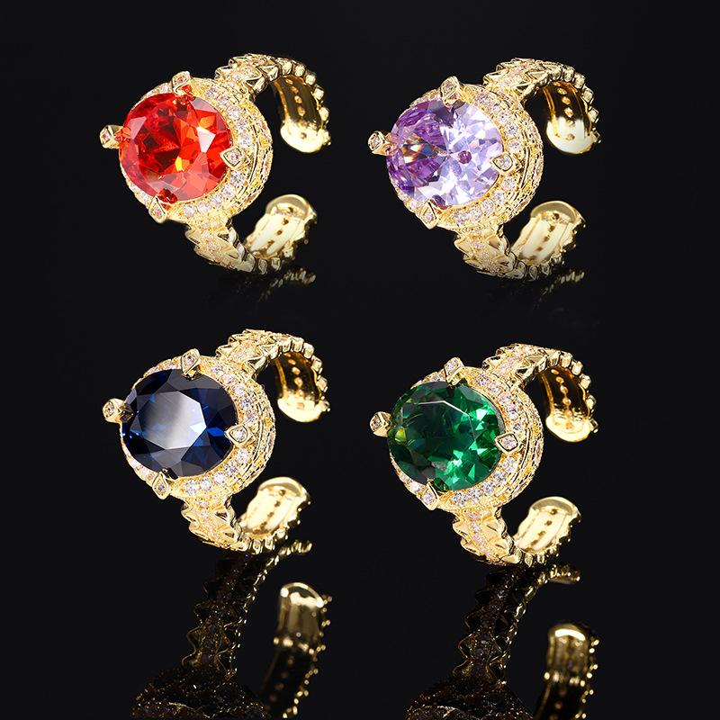 Copper Plated Gold Jewelry Vintage Ring Zircon Crystal Green Zirconia Royal Blue Open Fashion Women's