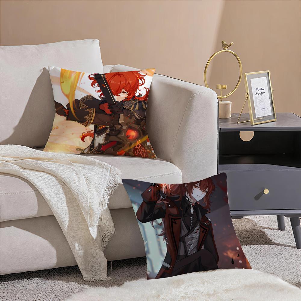 Game Genshin Diluc Cushion Cover Pillowcase Short Plush Invisible zipper Room Sofa Cushion Cover