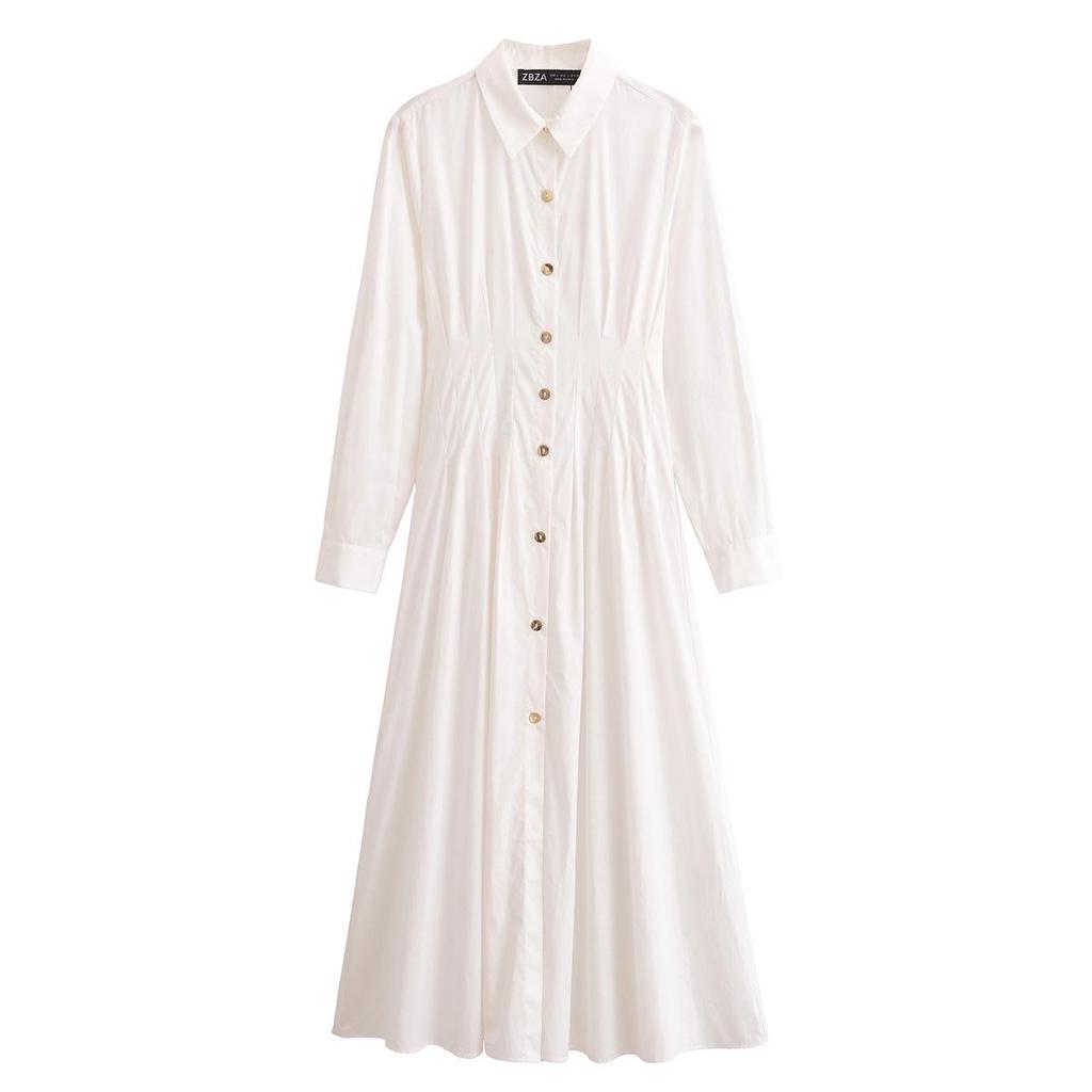 2025 Spring Women's European Style Turn-Down Collar Long Sleeve Midi Dress