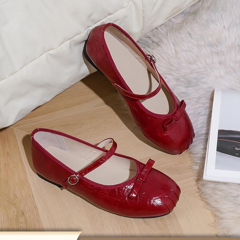 Fashion Leather Pleated Bowtie Flats Women Round Toe Ballerina Shoes Silver Leather Candy Color Loafers Bowknot Lolita Shoes Big Size 42