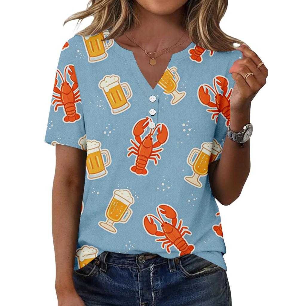 Women's Casual V Neck Short Sleeve Button T Shirt Lobster Print Lightweight Summer Top for Everyday Wear