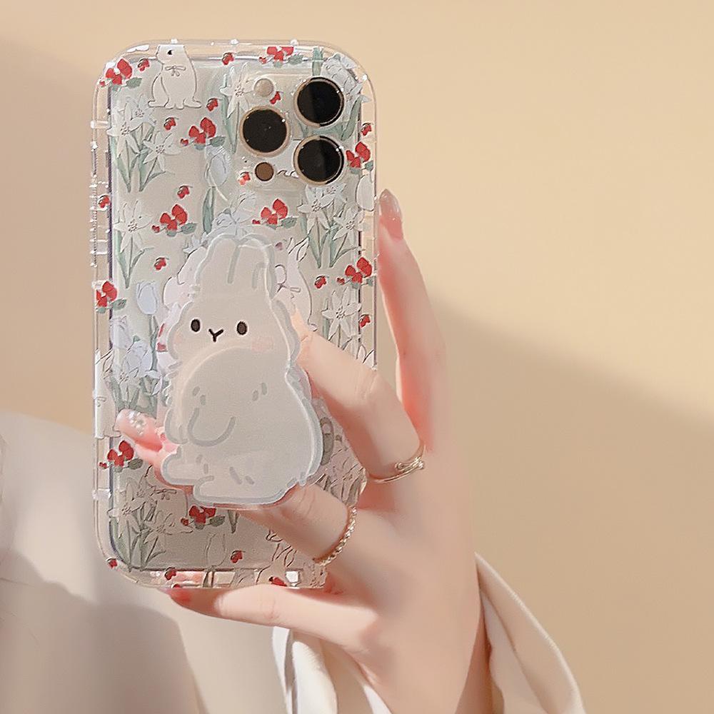 Korean-style floral rabbit design applicable iphone13Apple14Phone case11Cute girl15pro max Bracket16Transparent