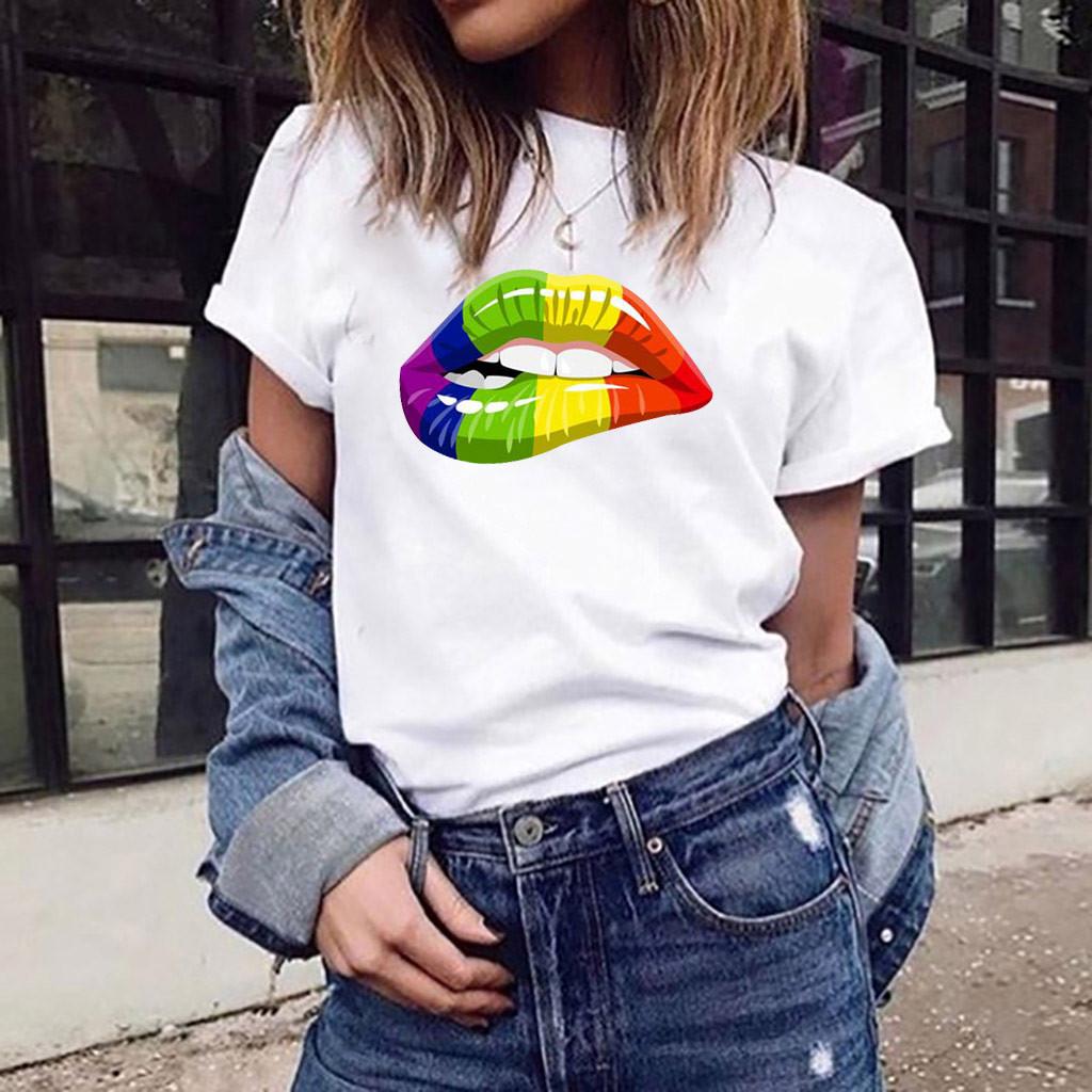 Women Girls Plus Size Lips Print Shirt Short Sleeve T Shirt Blouse Tops