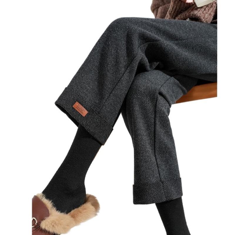 Gerade Wollhose für Damen, Herbst und Winter, hoch taillierte, lockere schwarze Hose