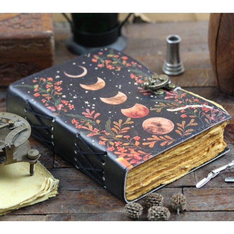 Moon Phase Leather Grimoire: Vintage Spell Book with Deckle Edge Paper Blank spell book of shadows Gifts For women vintage journal