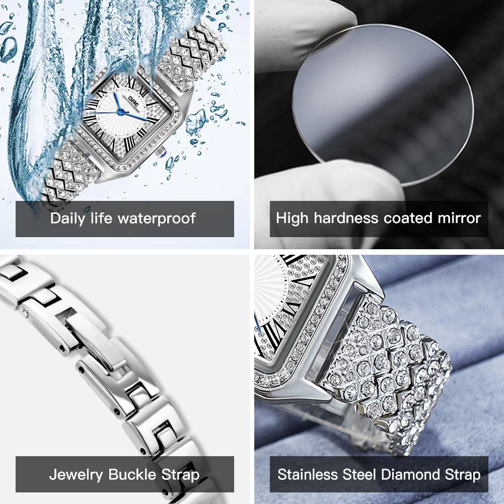 OPK Brand Full Diamond Waterproof Roman Scale Steel Belt Ladies Quartz Watch 8619