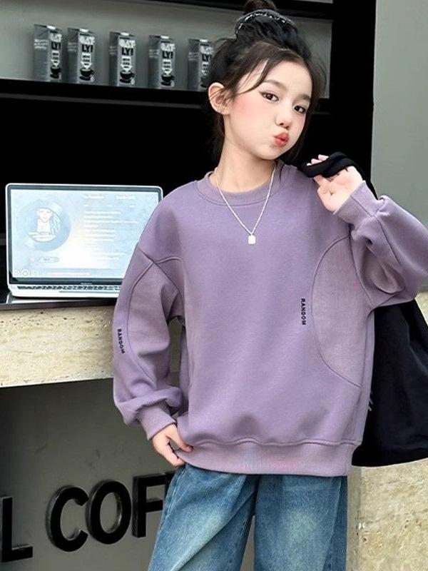 Dívčí módní volná mikina s kulatým výstřihem a dlouhým rukávem - Kolekce Podzim/Jaro 2025