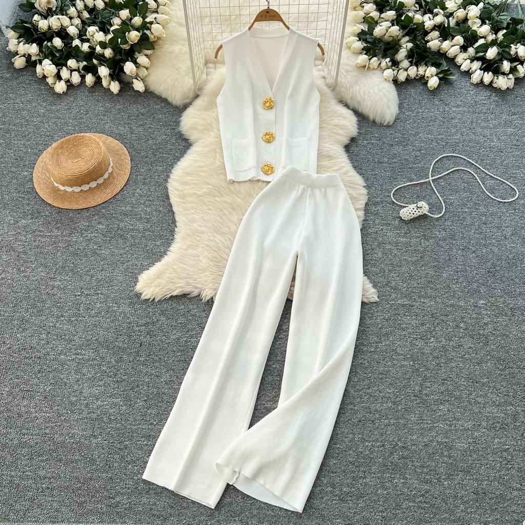 Summer Women Knitted Sweater Tracksuit Sleeveless Big Gold Button Tank Vest Tops and Wide Leg Pant Two Piece Set