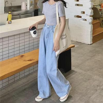 2024 Autumn Women's High-Waist Light Blue Wide-Leg Slim BF Jeans