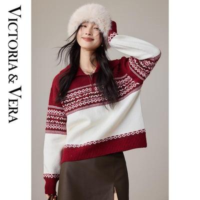 Women's Fair Isle Christmas Wool Blend Zipper Polo Knit Sweater