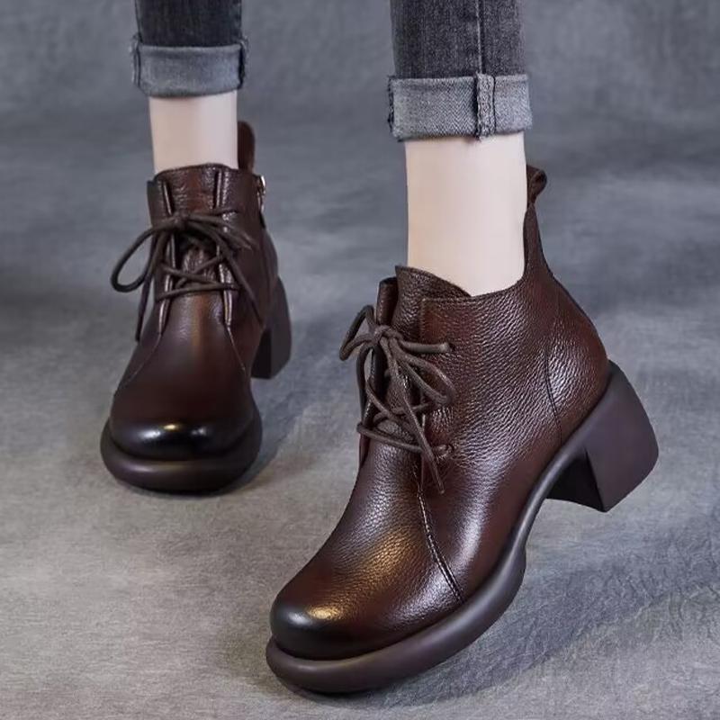 Leather Women Ankle Boots Lace Up Designer Mid Heels Shoes 2025 Trend Retro Chunky Classic Oxford Shoes Winter Botas De Mujer