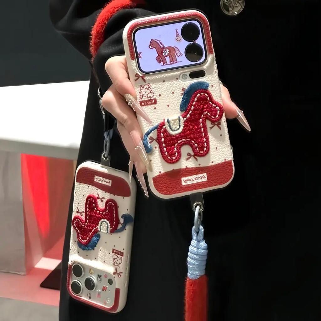Embroidered Knitted Pony Lanyard for iPhone 17 Mobile Phone Case iPhone16/15PROMAX New Year's Red and Soft 13