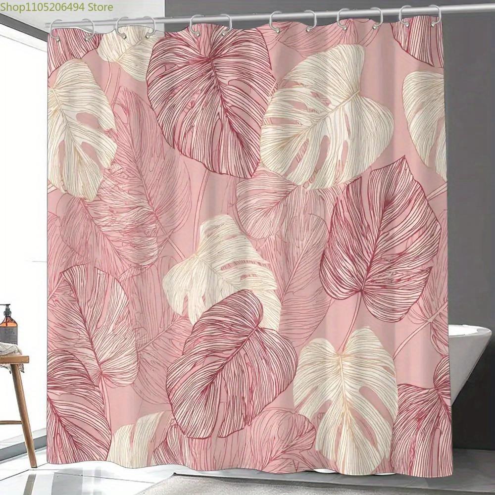 1pc Tropical Plant Bathroom Shower Curtain, Pink Art, Spring Shower Curtain with 12 Hooks, 180*180cm Bathroom Window Curtain H