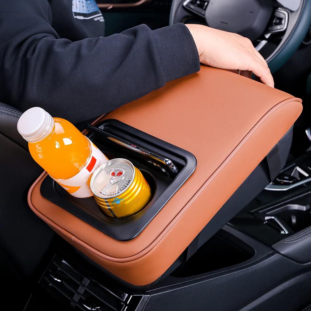 2 in 1 Car Armrest Cushion with Cup Holders, PU Leather Center Console Pad, Portable Height Adjustable Pillow for Comfort Suppor