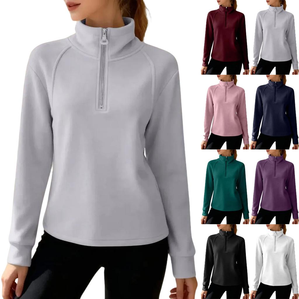 Women's Casual Fashion German Velvet Warm Solid Color Half Zip Stand Collar Long Sleeve Top