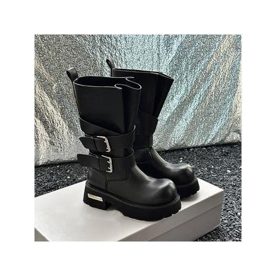 Sheepskin Version Thick-soled Medium Boots Retro Big-headed Knight Boots Female Venom Belt Buckle Martin Boots Female Western Cowboy Boots