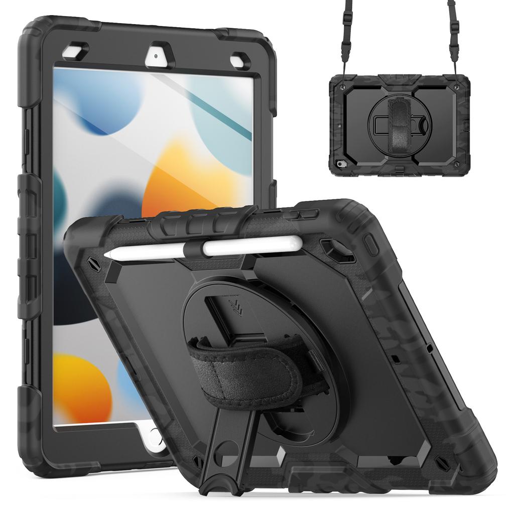 For iPad 10.2 (2021)/(2019)/(2020) Case Camo Printing PC + Silicone Tablet Cover with PET Film/Shoulder Strap