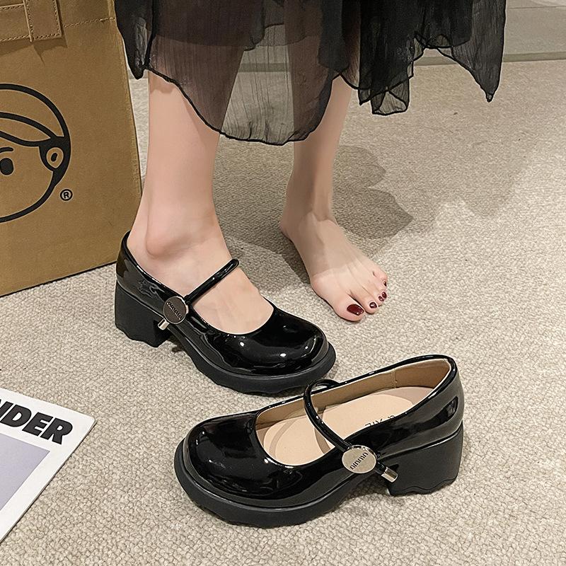 Patent Leather Round Head Mary Jane Shoes Women's Spring and Summer Comfortable Thick Heel Light Mouth Single Shoes High Heel One Word with Shoes