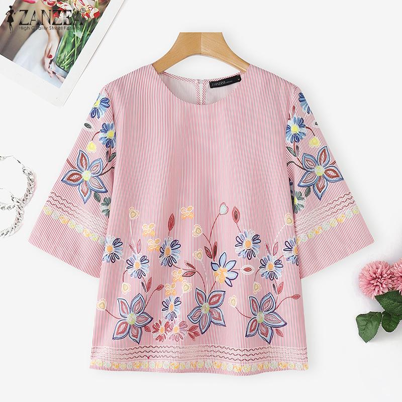 ZANZEA Women Casual Round Neck 3/4 Sleeve Floral Print Stripe Blouse