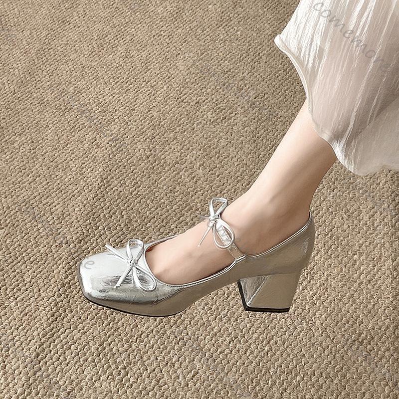 Fashion Comemore Spring Autumn Women Mary Jane Shoes Fashion Butterfly-knot Thick Heel Shallow Mouth Single Shoe Solid Square Head Pumps