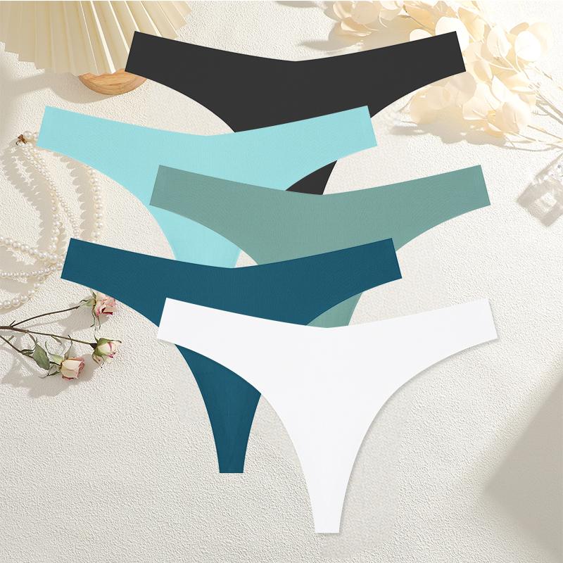 5PCS Women Ice Silk Seamless Underpants Panties Sexy V-Waist Sport Thongs Low Rise 10 Soild Colours Breathable G-string