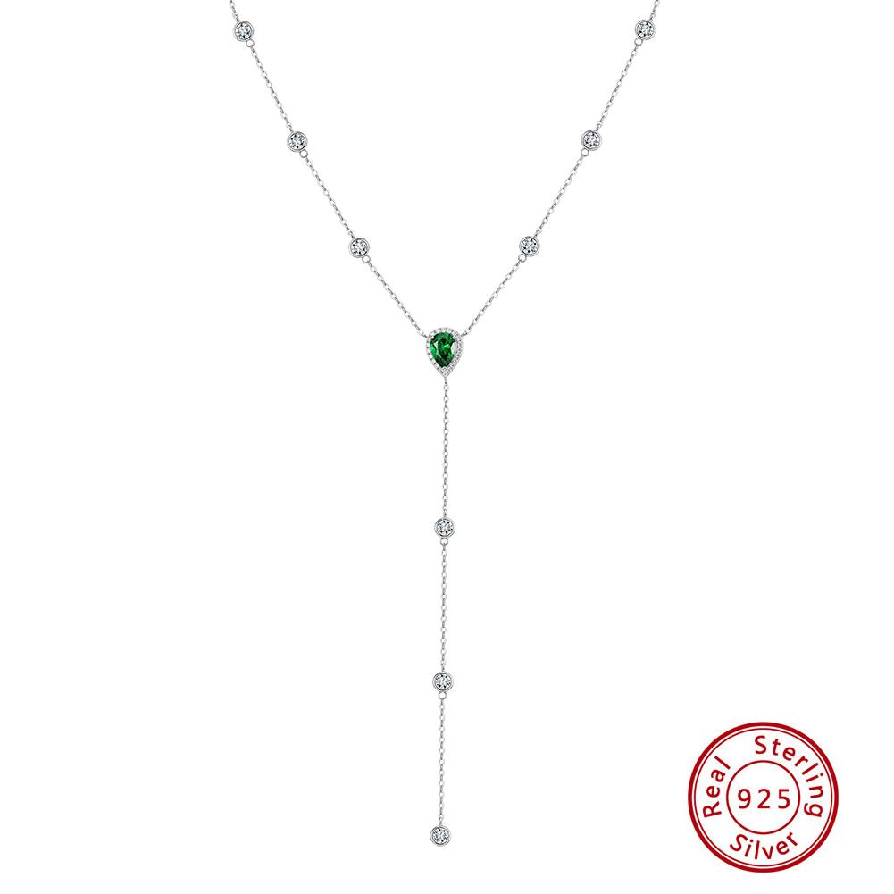 EFFIE QUEEN Retro Women's Fashion Green Zircon Y Necklace 925 Pure Silver 5A CZ Long Y Sexy Choker Chain Wedding Jewelry BQN39