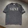 Summer SAINT Vintage Simple Letter Printed High Street Casual Washed Short Sleeve Loose Trendy Oversize T-shirt Men