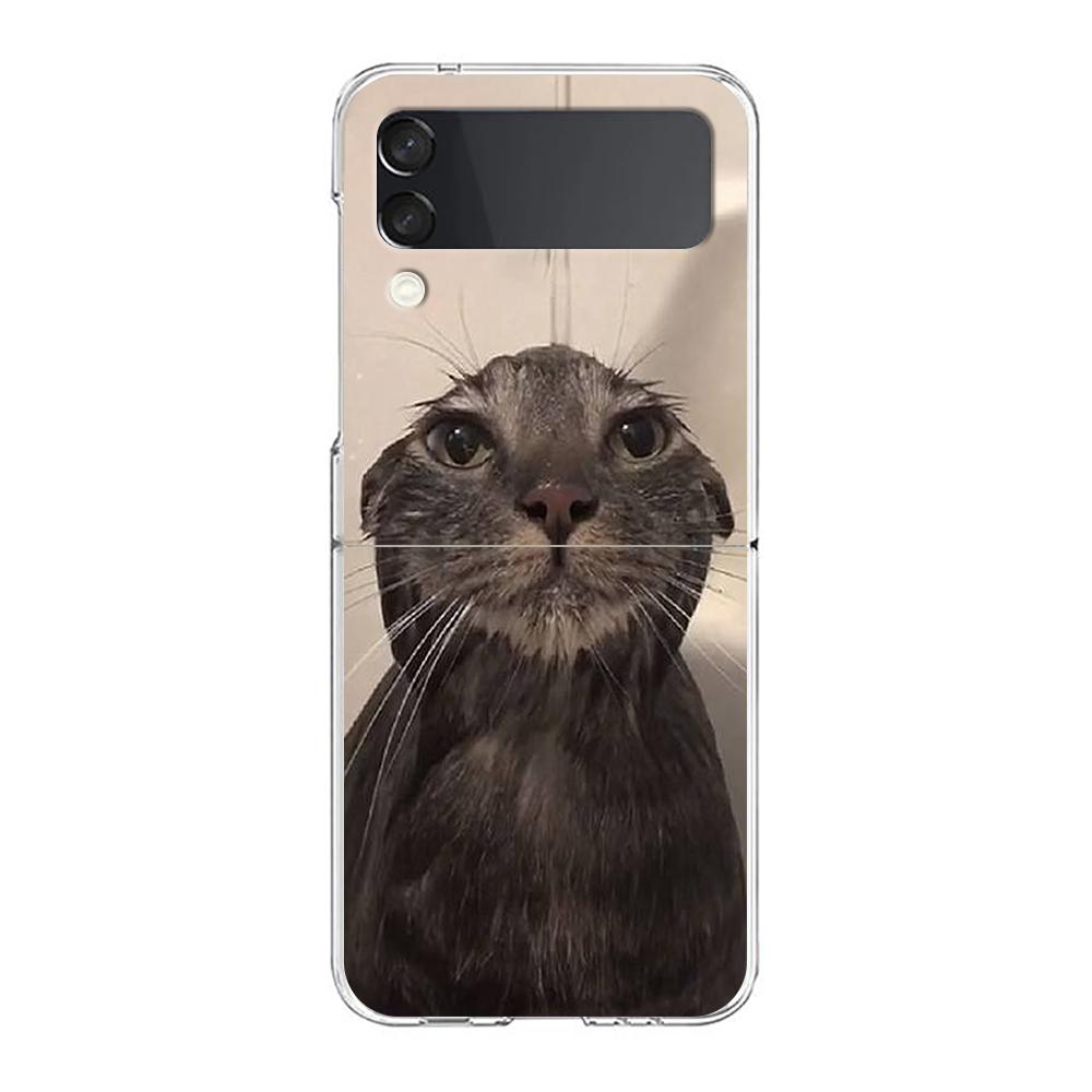 Transparent Phone Case For Samsung Galaxy Z Flip 3 4 5 6 7 Hard Folding PC Z Flip3 Flip4 Cover Funny Animal Cat