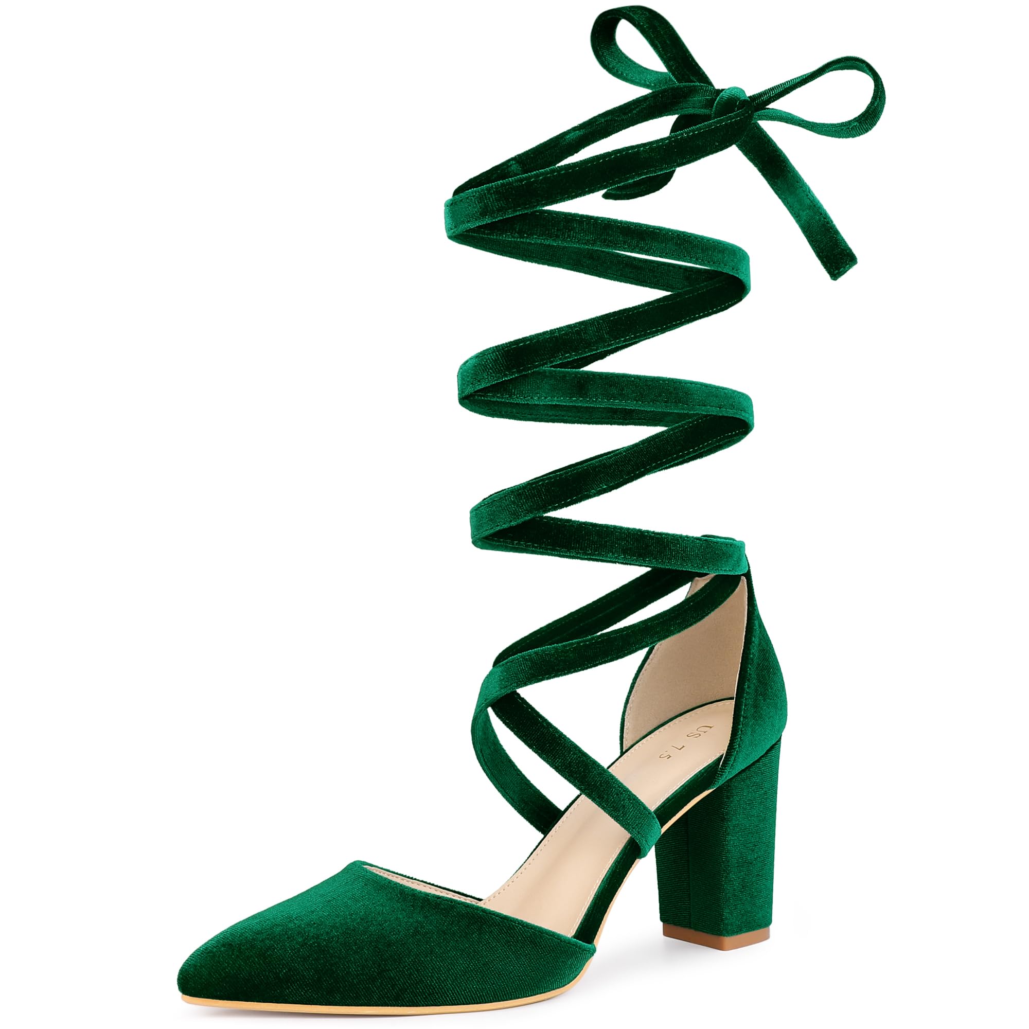 

Allegra K Women s Velvet Lace-Up Chunky Heel Pointed Toe Pumps, Dark Green, Size 23.0cm