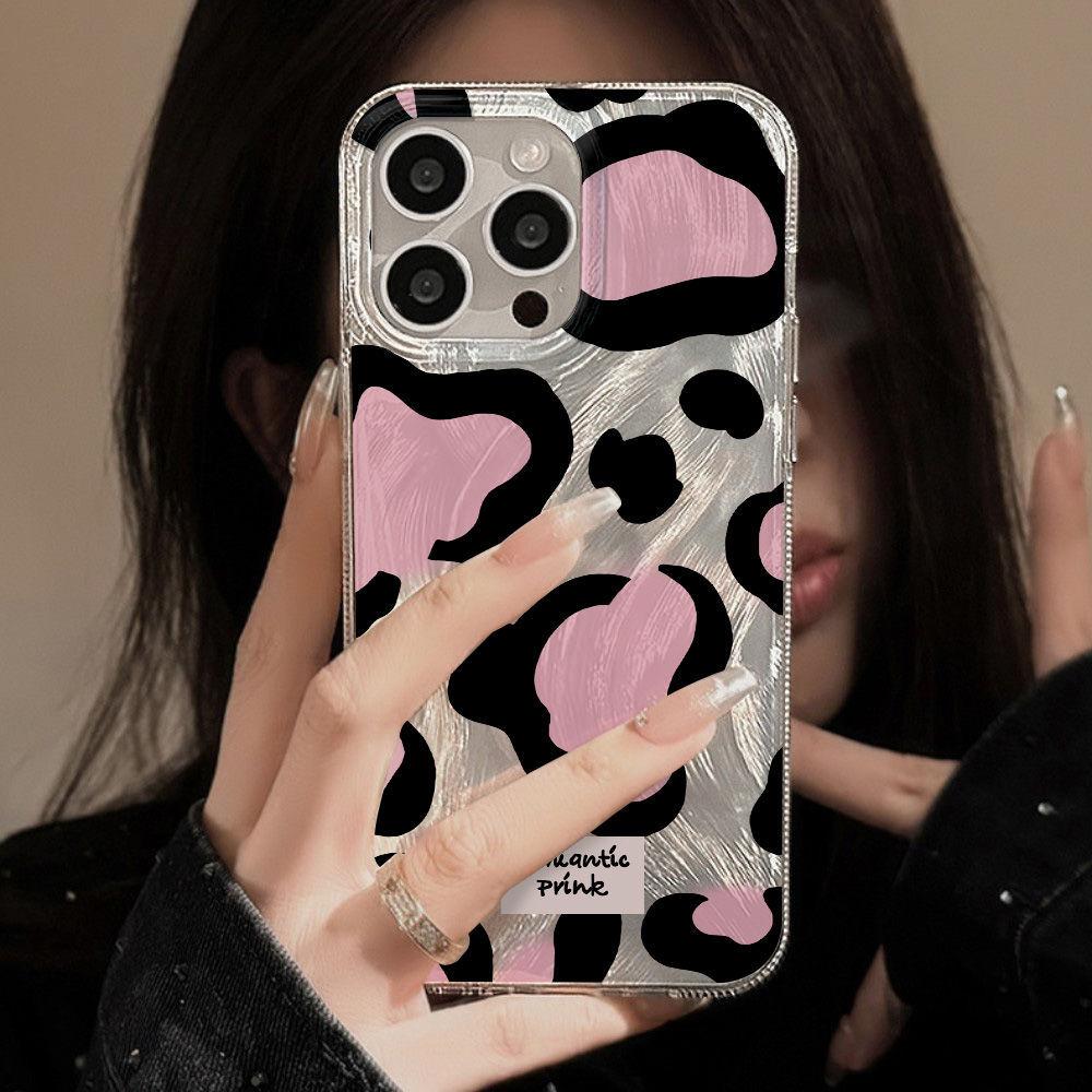 Sweet and cool black pink leopard print is suitable for iPhone17promax Apple 16IMD feather yarn mobile phone case 14/13 large hole 15.