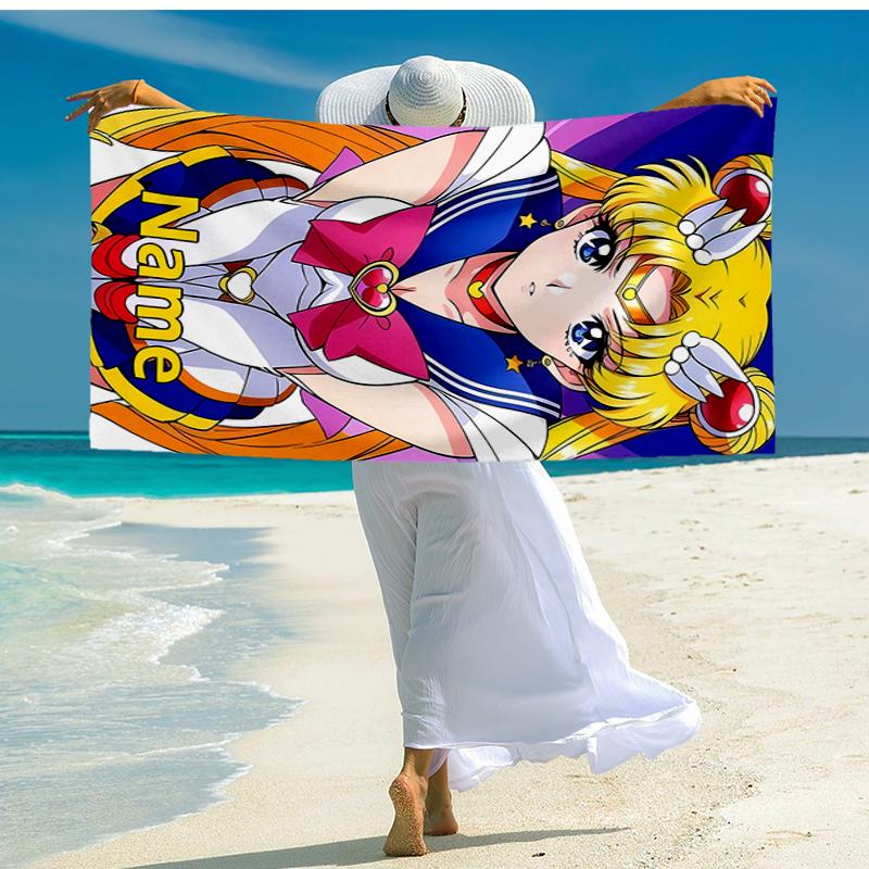 Custom Name Ultra-Soft Beach Towel with Sailor Moon Theme,Ideal for Pool - Camping, Diving - Perfect Travel Essential, Vibrant Beach Towel.
