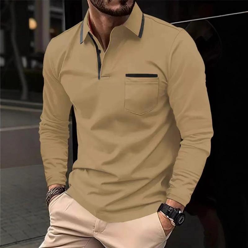 Men's Spring and Autumn Daily Casual Splicing Pocket Solid Color Lapel Long-sleeved Large Size Polo Shirt for Men