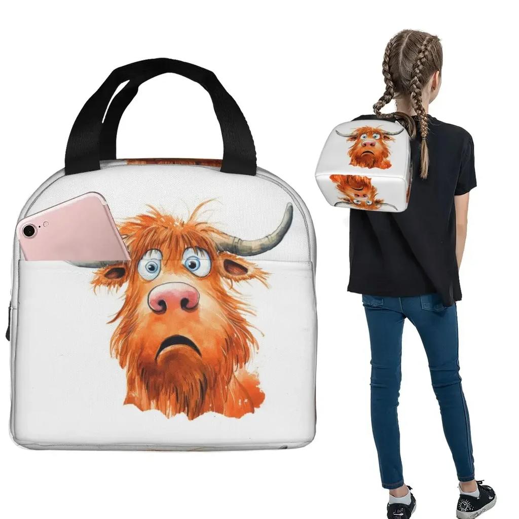 Funny Highland Cow Insulated Lunch Bag for Women Kids Portable Food Boxes Thermal Lunch Box Tote