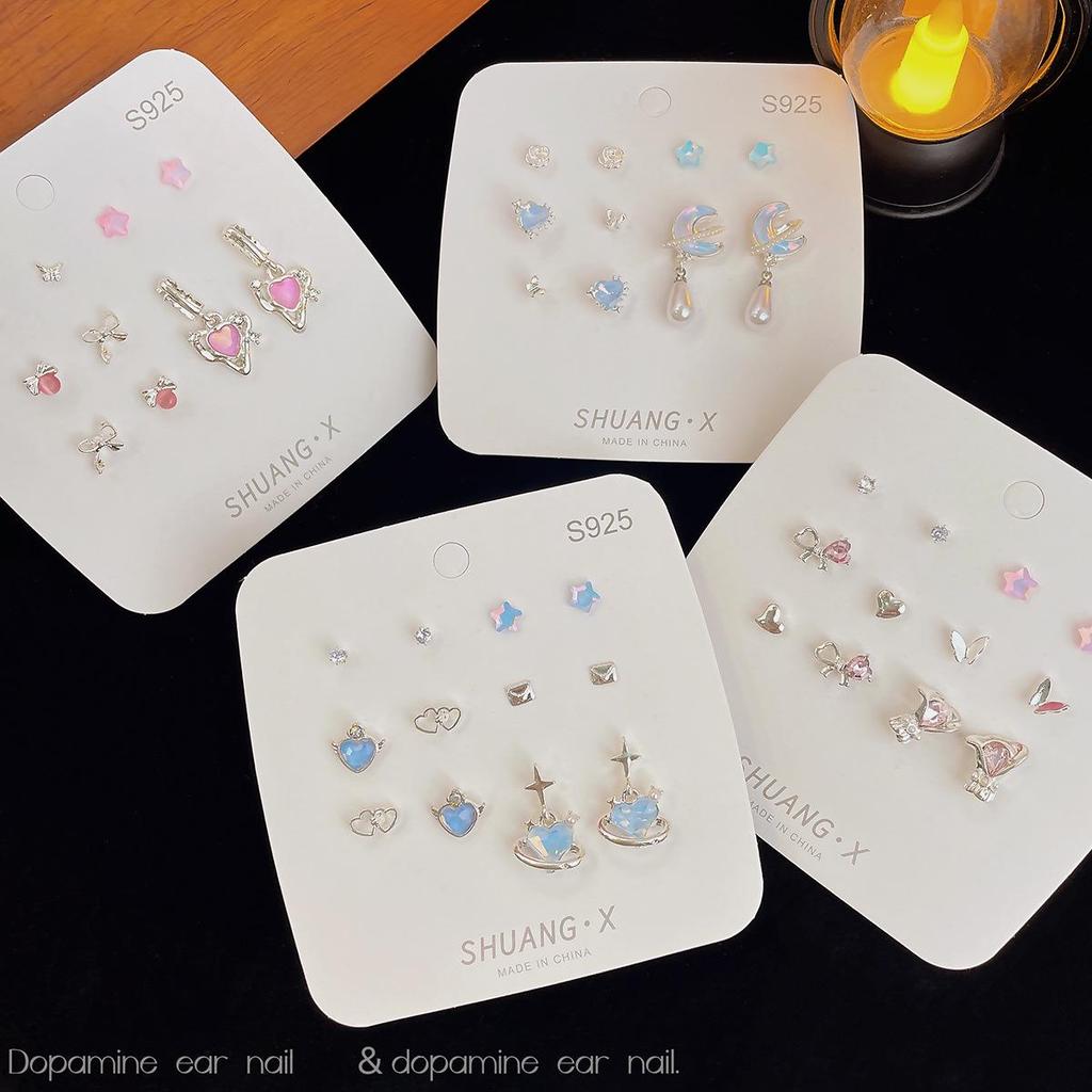 Colorful Laser Moon Earrings: Silver Needle Design with Girlish Heart and Unique Love Motifs.