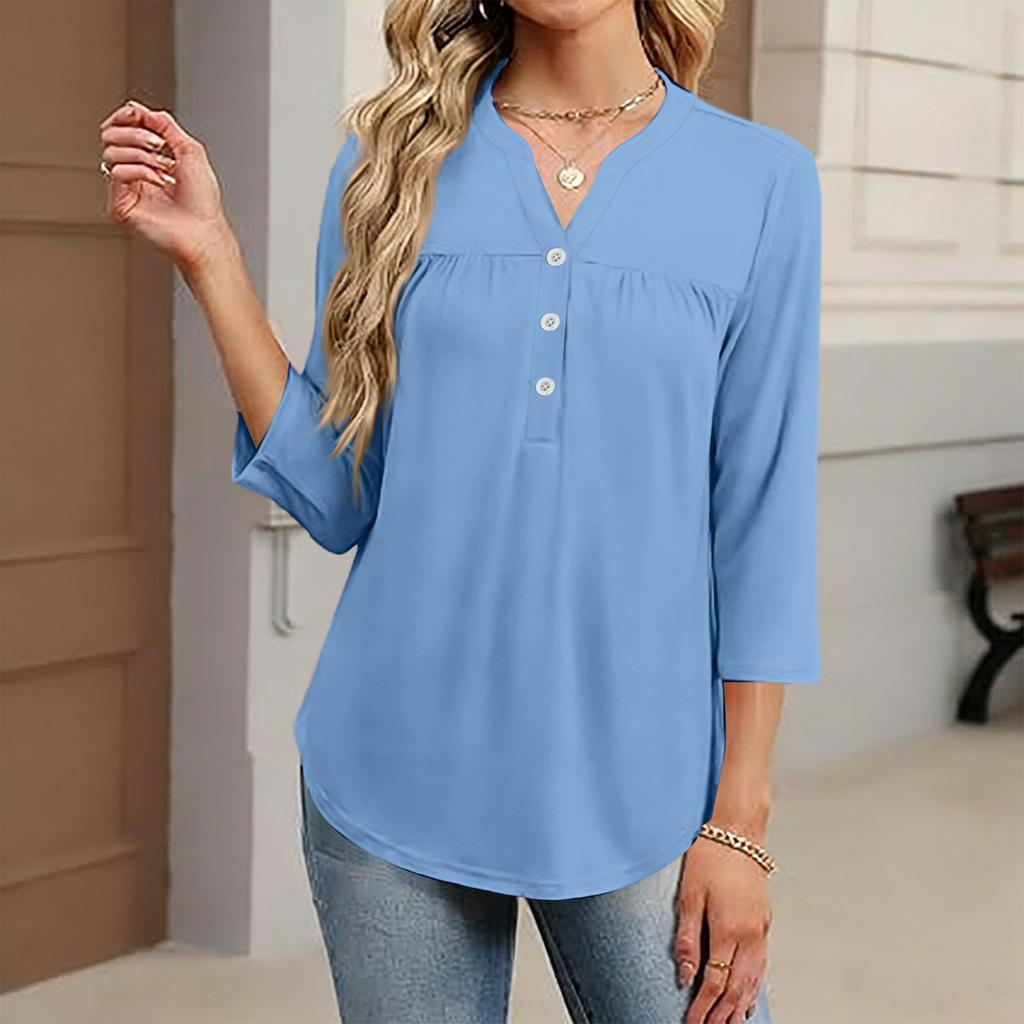 Women's Fashionable Casual Color V-Neck Decorative Button Three-Quarter Sleeve T-Shirt Top