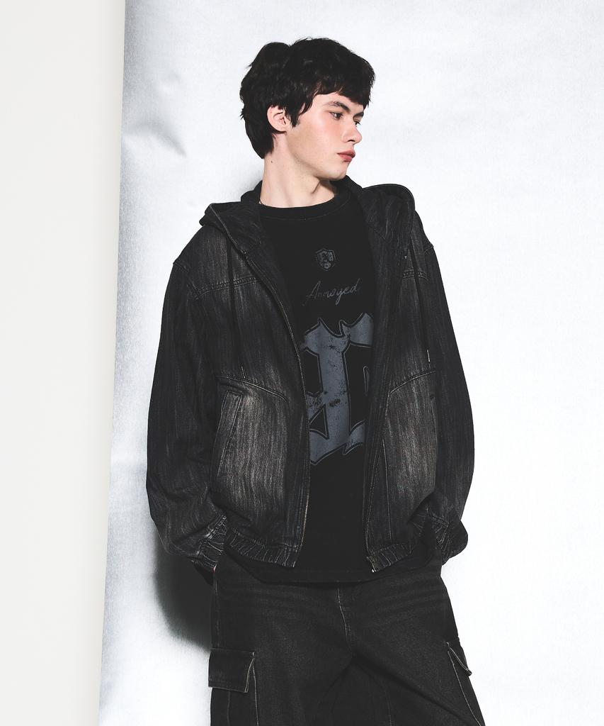 Annoyed Cut Brushed Denim Zip-Up Hoodie Lq1Ju032_Black