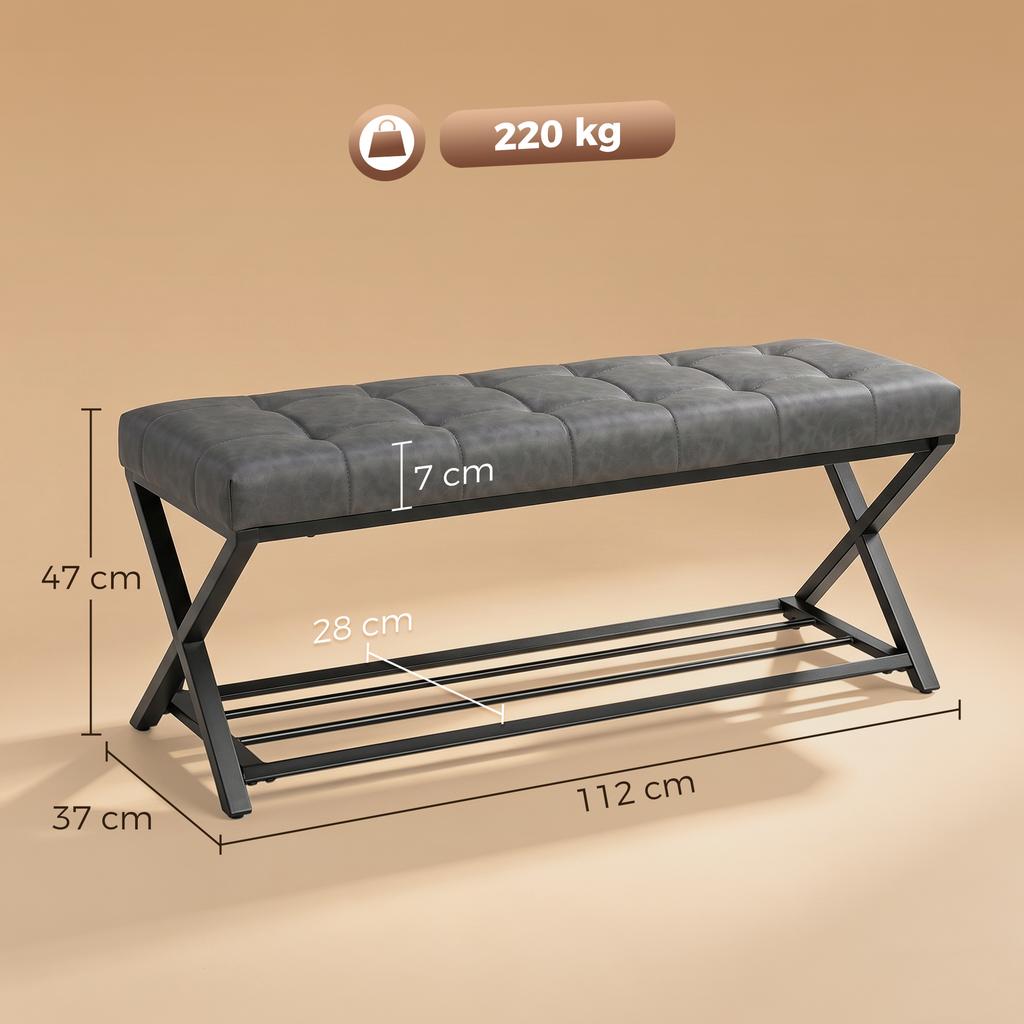 Shoe Bench, Entryway Bench with Faux Leather Cushion, Shelf, Load Capacity up to 220 kg, for Hallway, Entryway, 112 x 37 x 47 cm, Dark Grey