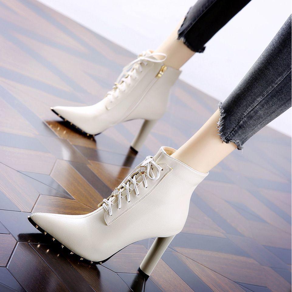 Thick heel pointed Martin boots women's 2025 new rivet fashion high heels Internet celebrity short boots thin boots ins tide