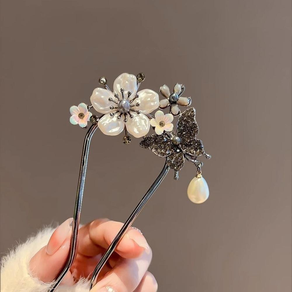 Fashion Chinese Style Flower Butterfly Hairpin Chopsticks Women Elegant U Shape Sticks Headwear Hanfu Hair Accessories Jewelry