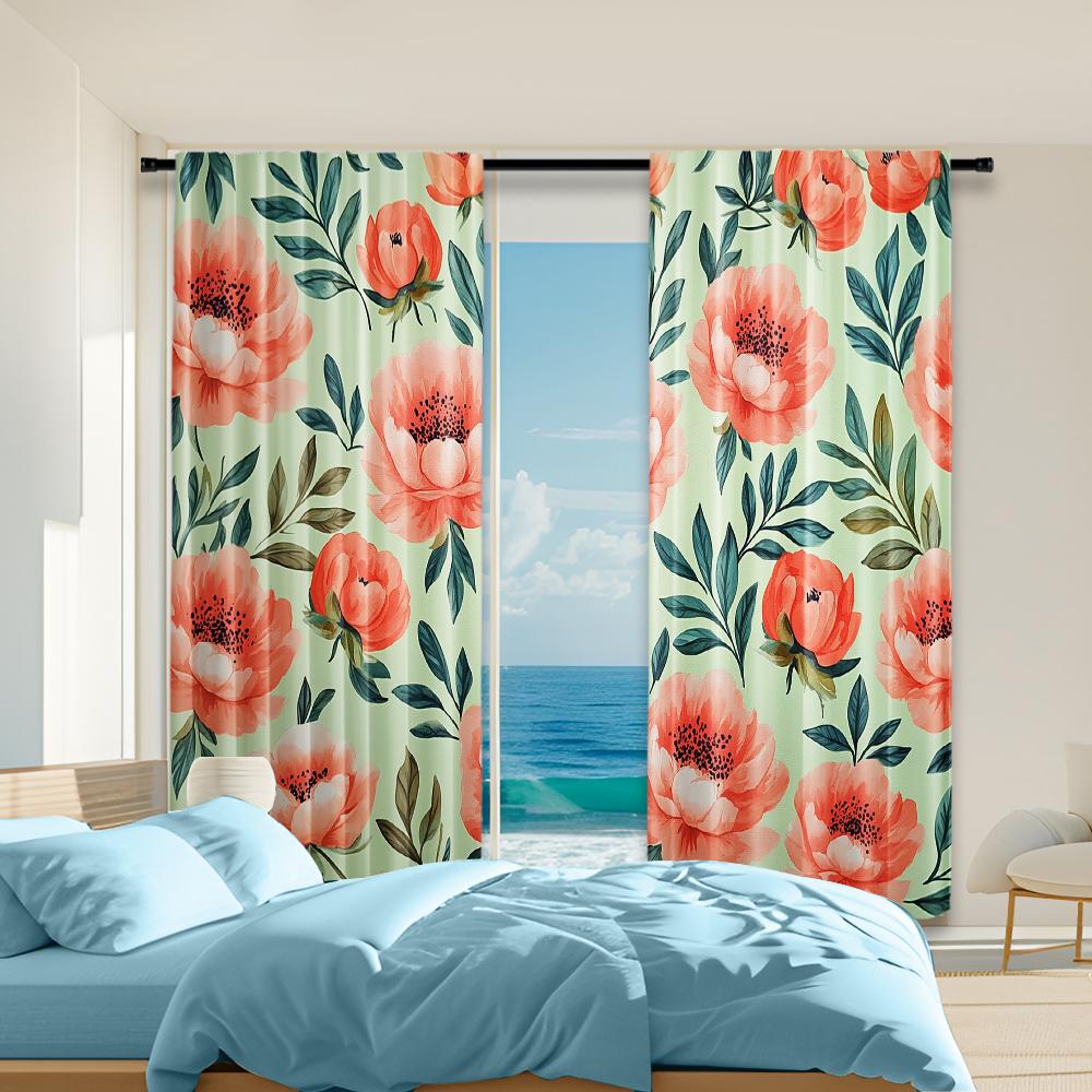 

Versatile Polyester Transparent Curtains Home Decoration Vibrant Red Floral Watercolor Use Bedrooms Living Set Of 2 Made Sleeping Area Decor W100*H70(CM)-Rod Pocket&2PCS