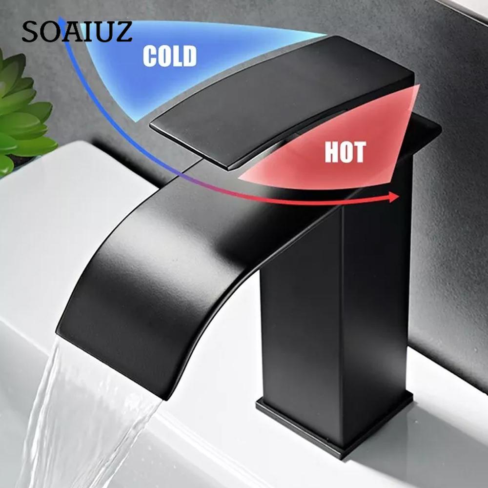 Black Waterfall Bathroom Faucet Basin Vanity Vessel Sinks Mixer Tap Cold And Hot Water Tap Single Hole Bath Sink Faucets Crane