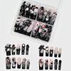 96PC Black French Long Coffin Halloween Press On Nails Y2K Cross Skull Spider Snake Bow False Nails Full Cover French Fake Nails