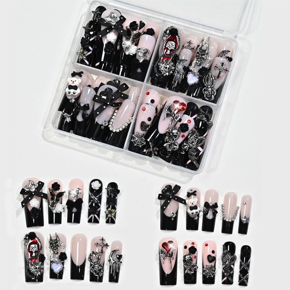 96PC Black French Long Coffin Halloween Press On Nails Y2K Cross Skull Spider Snake Bow False Nails Full Cover French Fake Nails
