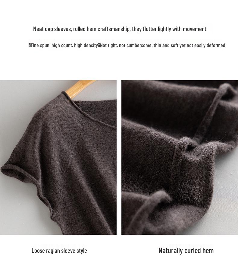 Women's 80-Count Cashmere Batwing Sleeve Knit Pullover - Spring/Autumn Thin Short Sleeve Style