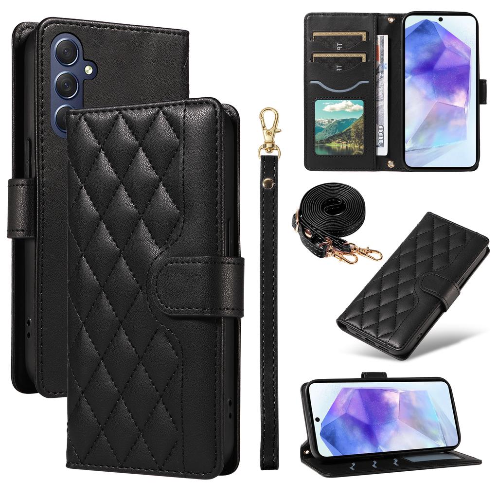 For Samsung Galaxy A55 5G Case Wallet Rhombus Leather Phone Cover with Shoulder Strap,Wrist Strap