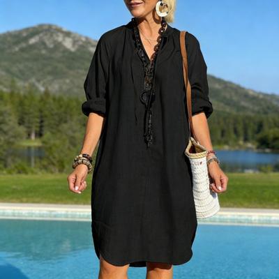 Cotton Linen Dress for Women Boho Casual Beach Vacation Sundress Summer Long Sleeve V Neck Loose Dress