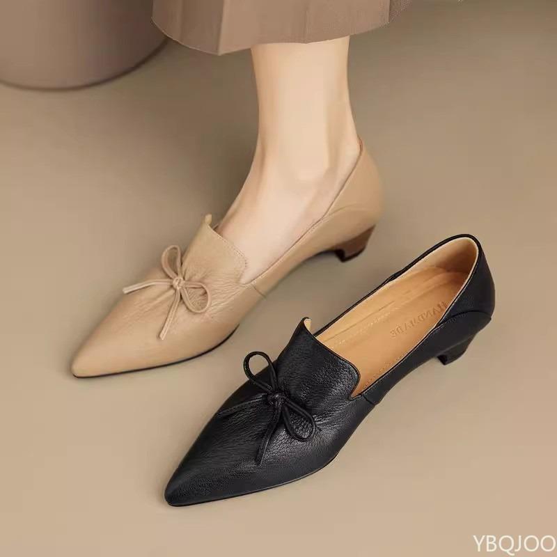 Fashion 2025 new Genuine leather retro pumpslady elegant shoes Women's pointed Toe mid Heels shoes women simple comfotable shoes