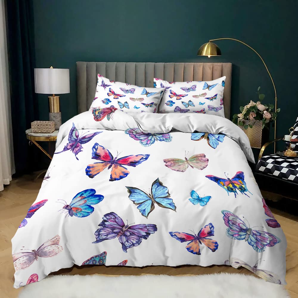 Bettbezug-Set mit Schmetterlingen, Kingsize, blau-lila Schmetterlinge, bedruckt, Bettbezug-Set für Mädchen und Kinder, Bettbezug und Kissenbezüge