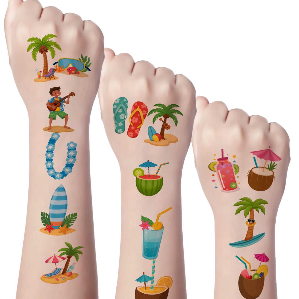 54pcs Temporary Tattoo Stickers Pineapple Hawaii Palm Tree Cartoon Cute body Art Sticker  Waterproof Semi-Permanent Fake Tattoo